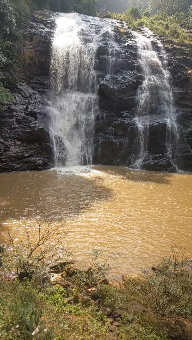 Waterfall cascading over dark rock into a golden pool