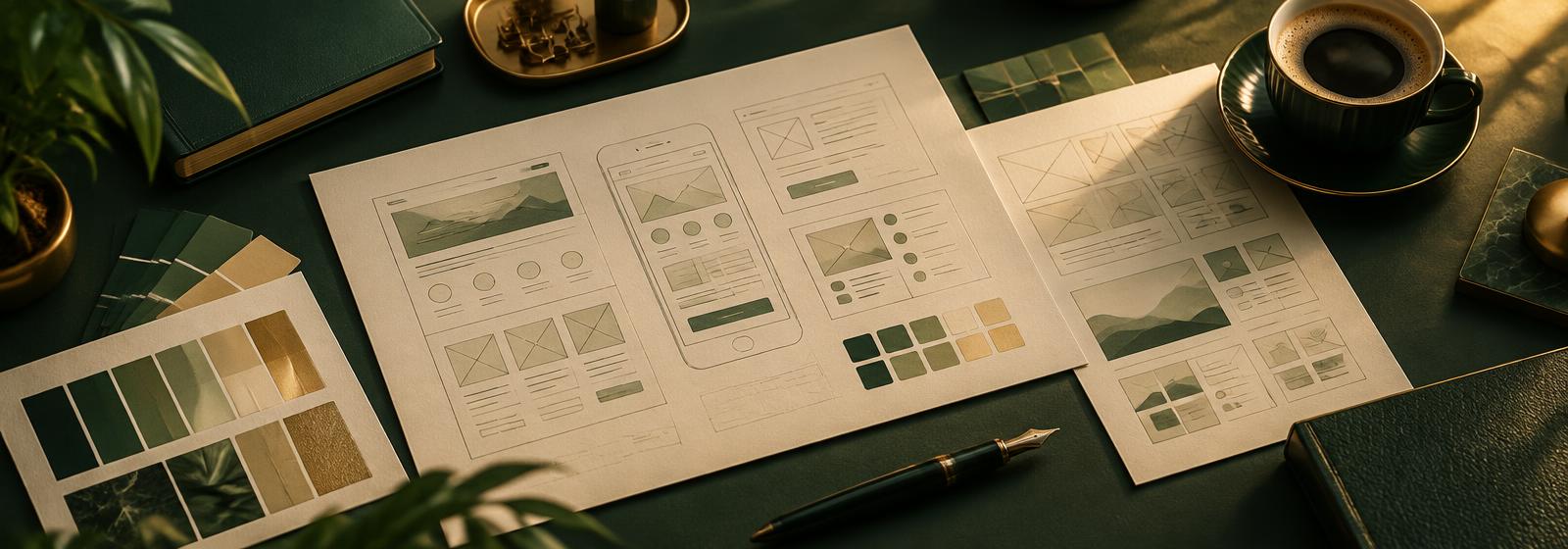 Design workspace with sketches, swatches and a pen in forest green and gold tones